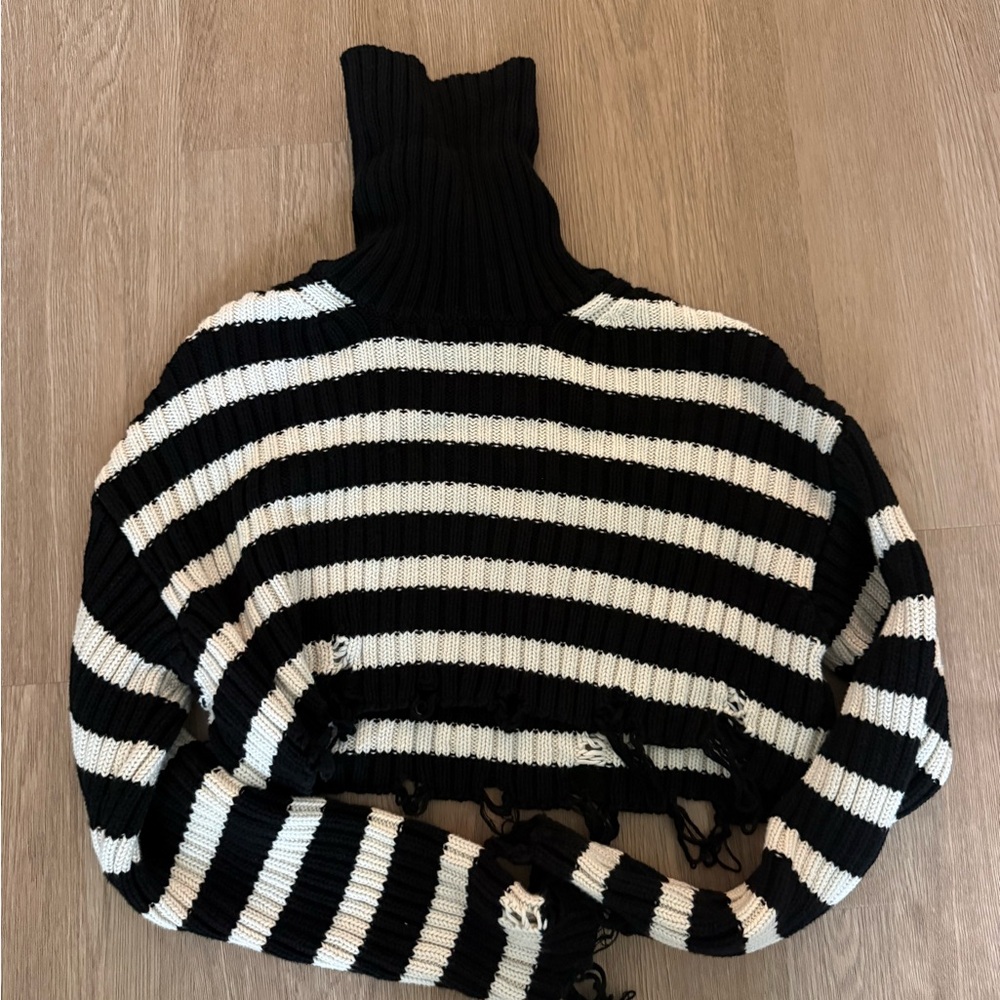 Zara Black and White Striped Cropped Turtleneck Sweater